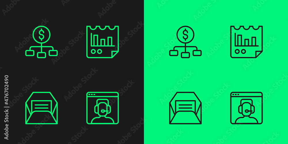 Set line Telephone 24 hours support, Envelope, Hierarchy with dollar and Document graph chart icon. Vector Set line Telephone 24 hours support, Envelope, Hierarchy with dollar and Document graph chart icon. Vector