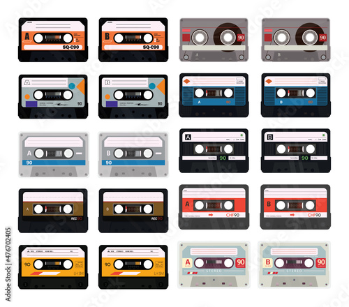 Vector collection of colorful retro cassettes.