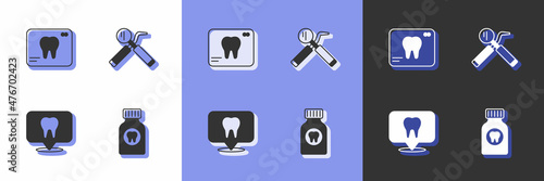 Set Toothache painkiller tablet, X-ray of tooth, Dental clinic location and mirror and probe icon. Vector