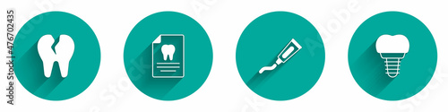 Set Broken tooth, Clipboard with dental card, Tube of toothpaste and Dental implant icon with long shadow. Vector