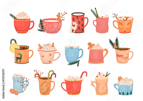 Set of Christmas hot drinks in colorful mugs. Detailed New Years illustrations.