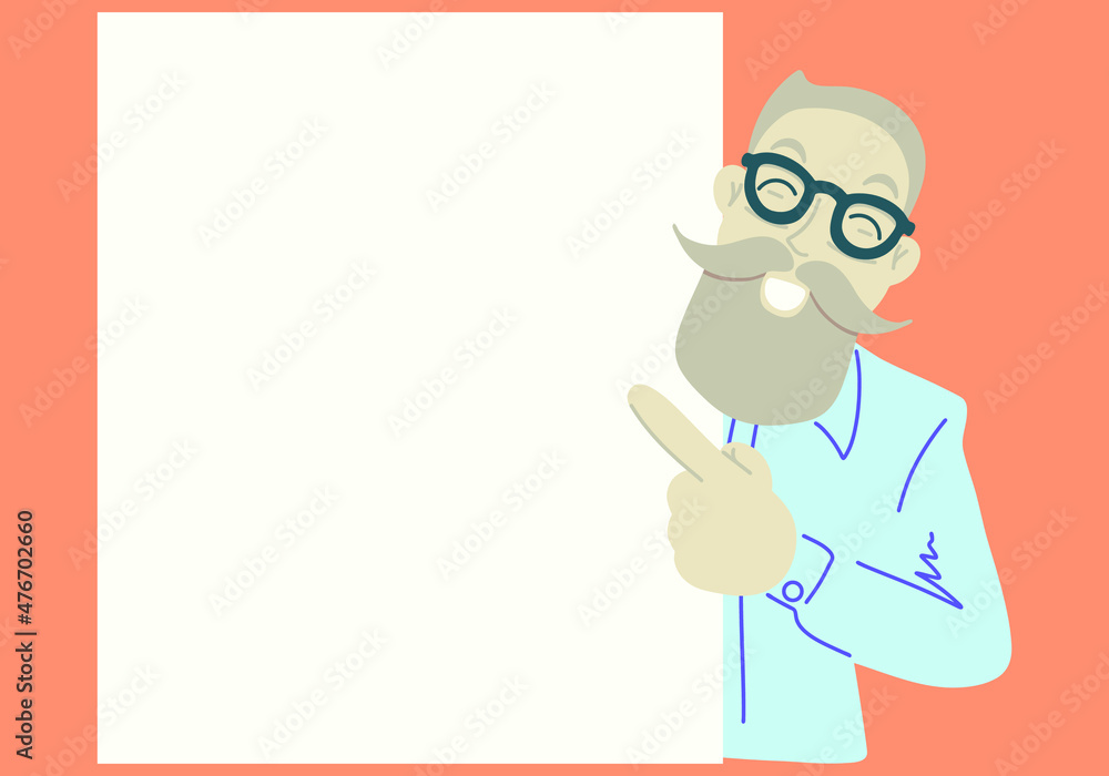 Asian man with beard wearing glasses points a finger at a white banner and smiles. Vector illustration Asian man with beard wearing glasses points a finger at a white banner and smiles. Vector illustration