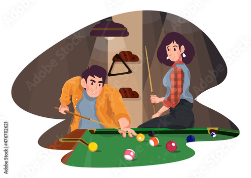 A guy and a girl are playing billiards. Colorful detailed illustration with a young couple.