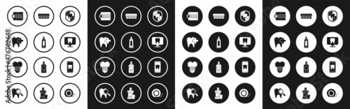 Set Dental protection, Tube of toothpaste, clinic for dental care, Dentures model, location, Teeth with braces, Online and implant icon. Vector