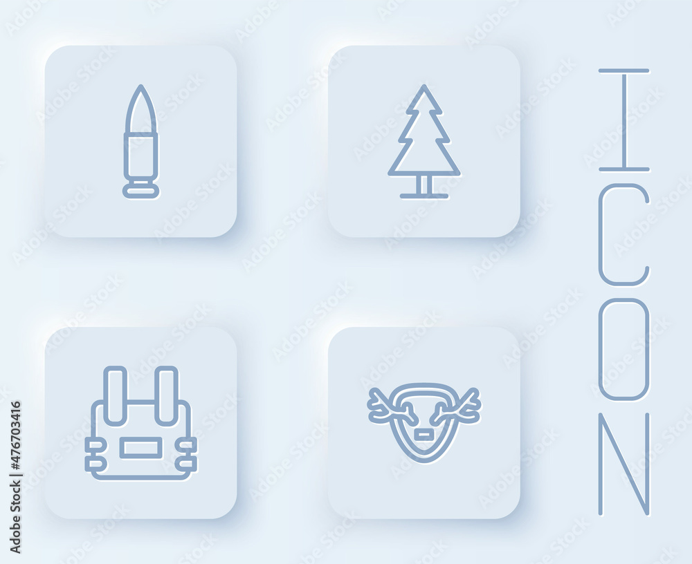 Set line Bullet, Tree, Bulletproof vest and Deer antlers on shield. White square button. Vector Set line Bullet, Tree, Bulletproof vest and Deer antlers on shield. White square button. Vector