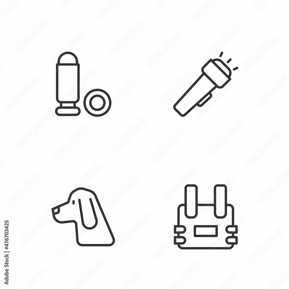 Set line Bulletproof vest, Hunting dog, and Flashlight icon. Vector Set line Bulletproof vest, Hunting dog, and Flashlight icon. Vector