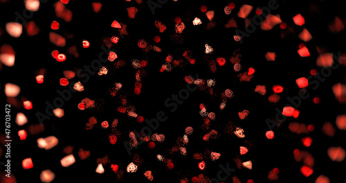 Abstract cluster of red fractal dots swirl the center on dark background. Fantasy light background. Generative art. 3d rendering.