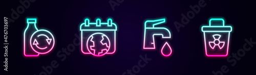 Set line Recycling plastic bottle, World Earth day, Water tap and Infectious waste. Glowing neon icon. Vector