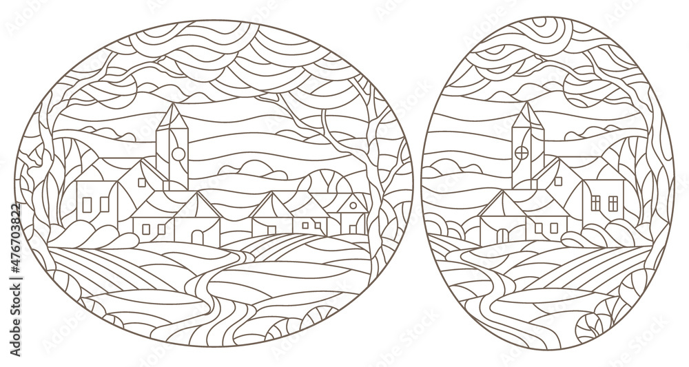 A set of contour illustrations in the style of stained glass with urban landscapes , dark contours on a white background