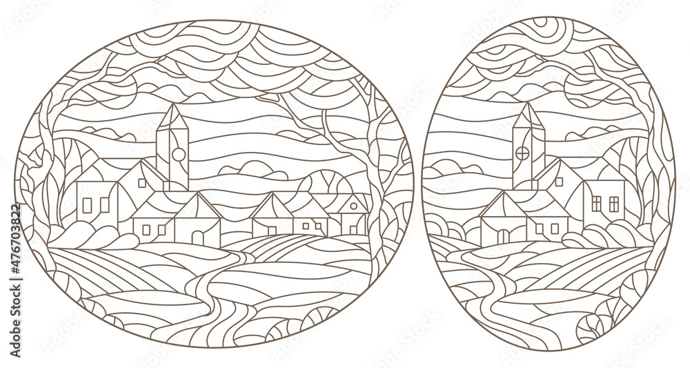 A set of contour illustrations in the style of stained glass with urban landscapes , dark contours on a white background A set of contour illustrations in the style of stained glass with urban landscapes , dark contours on a white background