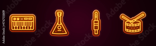Set line Music synthesizer, Balalaika, Audio jack and Drum with drum sticks. Glowing neon icon. Vector
