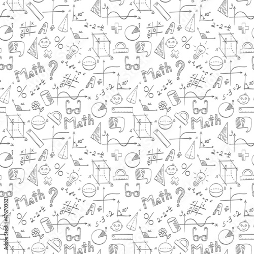 Seamless pattern on the theme of the school, of education and of the subject mathematics, the dark hand-drawn graphics, formulas, and icons on white background
