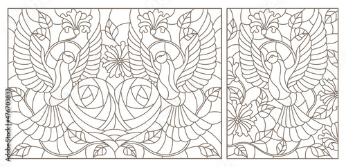 A set of contour illustrations in the style of stained glass with doves, hearts and flowers on a yellow background, dark contours on a white background