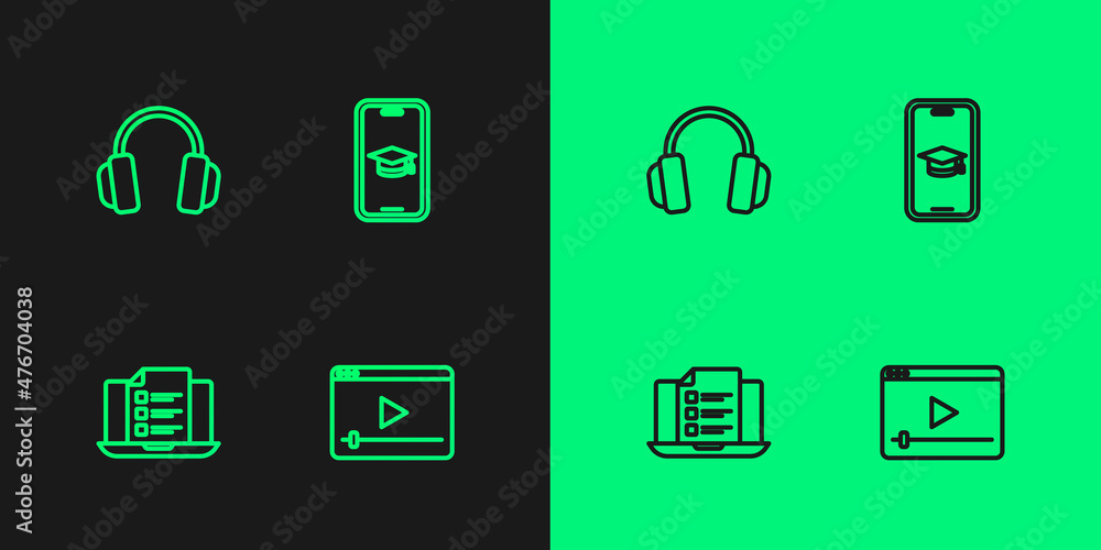 Set line Online play video, quiz, test, survey, Headphones and Graduation cap mobile icon. Vector