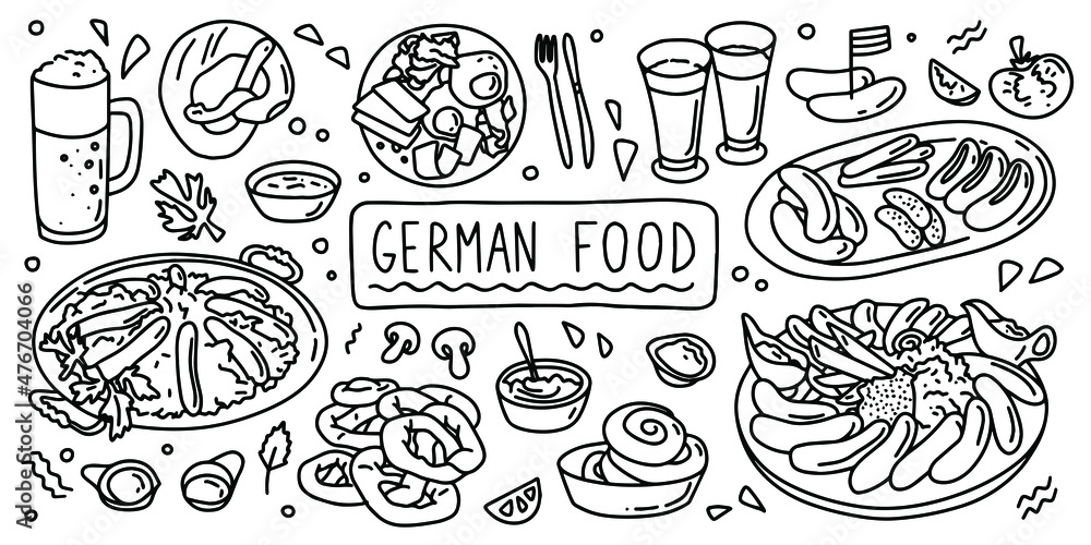 Georgian cuisine, food. Simple doodle outline style. Vector stock black and white illustration.