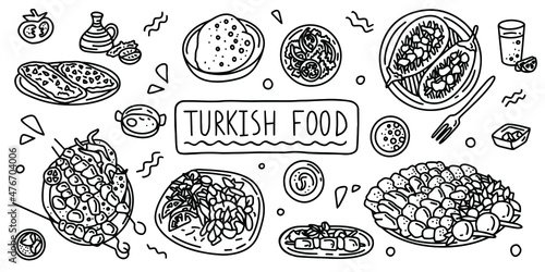 Turkish cuisine, food. Simple doodle outline style. Vector stock black and white illustration.
