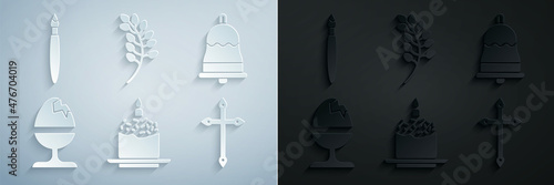 Set Easter cake and candle, Ringing bell, Chicken egg on stand, Christian cross, Willow leaf and Paint brush icon. Vector