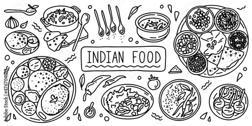 Indian cuisine, food. Line simple doodle outline style. Vector stock black and white illustration.
