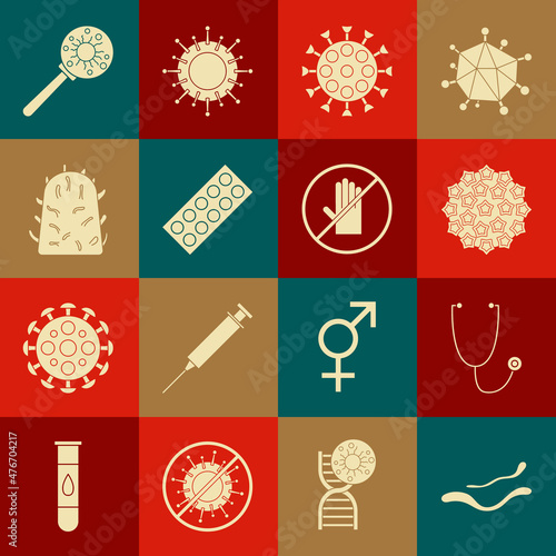 Set Ebola virus disease, Stethoscope, Virus, Pills in blister pack, Rabies, under magnifying glass and No handshake icon. Vector