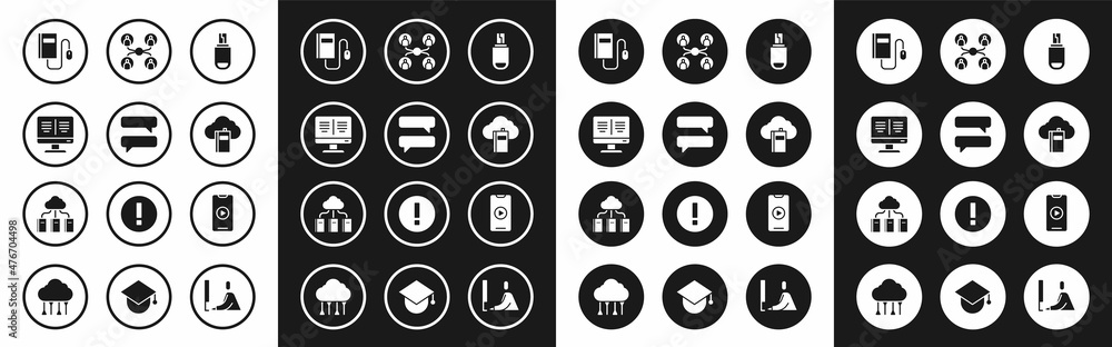 Set USB flash drive, Speech bubble chat, Online book on monitor, Electronic with mouse, Cloud online library, class, play video and icon. Vector Set USB flash drive, Speech bubble chat, Online book on monitor, Electronic with mouse, Cloud online library, class, play video and icon. Vector