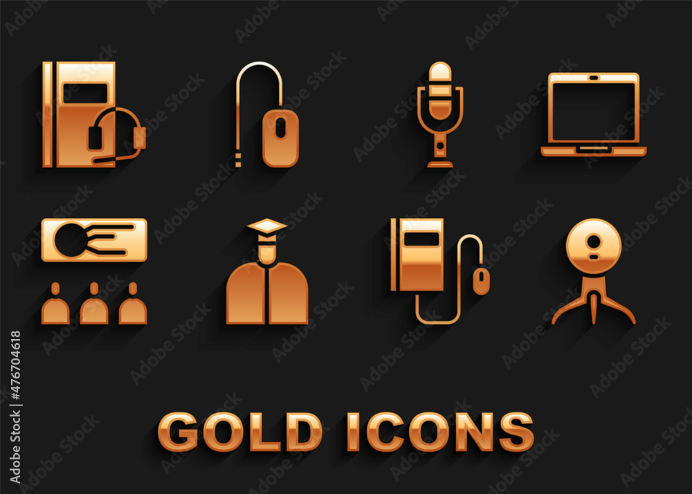 Set Student, Laptop, Web camera, Electronic book with mouse, Training, presentation, Microphone, Audio and Computer icon. Vector Set Student, Laptop, Web camera, Electronic book with mouse, Training, presentation, Microphone, Audio and Computer icon. Vector