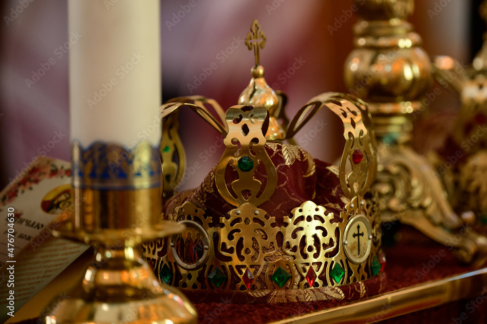 Golden church crowns for bridal wedding, wedding process.