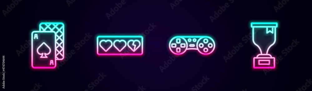 Set line Playing cards, Game life bar, controller or joystick and Award cup. Glowing neon icon. Vector Set line Playing cards, Game life bar, controller or joystick and Award cup. Glowing neon icon. Vector