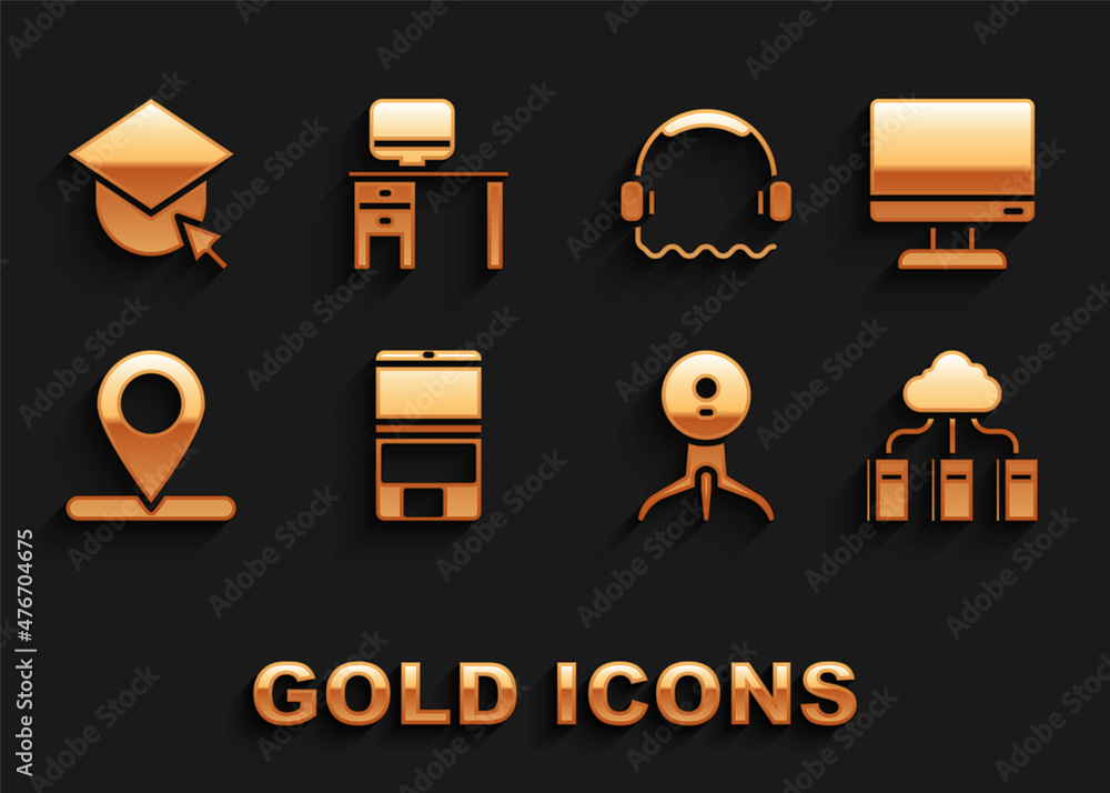 Set Laptop, Computer monitor screen, Cloud online library, Web camera, Location, Headphones, Graduation cap globe and and desk icon. Vector Set Laptop, Computer monitor screen, Cloud online library, Web camera, Location, Headphones, Graduation cap globe and and desk icon. Vector