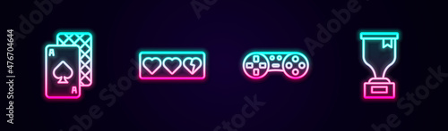 Set line Playing cards, Game life bar, controller or joystick and Award cup. Glowing neon icon. Vector