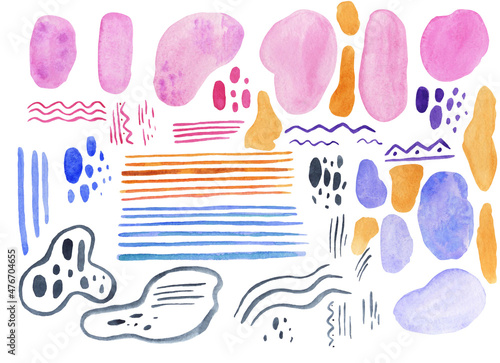 Set of stains and stripes for design. Watercolor illustration.