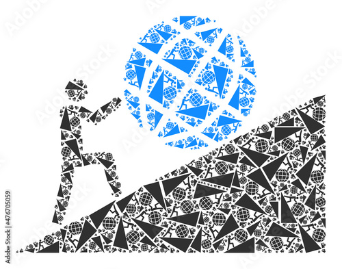 Vector man rolling globe up icon collage. Man rolling globe up collage is constructed of random self man rolling globe up parts. Recursion composition of man rolling globe up icon.