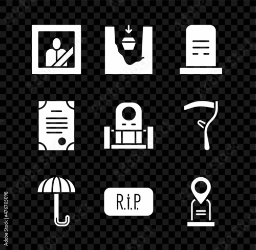 Set Mourning photo frame, Coffin grave, Grave with tombstone, Umbrella, Speech bubble rip death, Location, Death certificate and icon. Vector