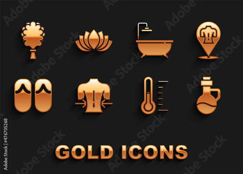 Set Massage, Essential oil bottle, Sauna thermometer, Flip flops, Bathtub, broom and Lotus flower icon. Vector
