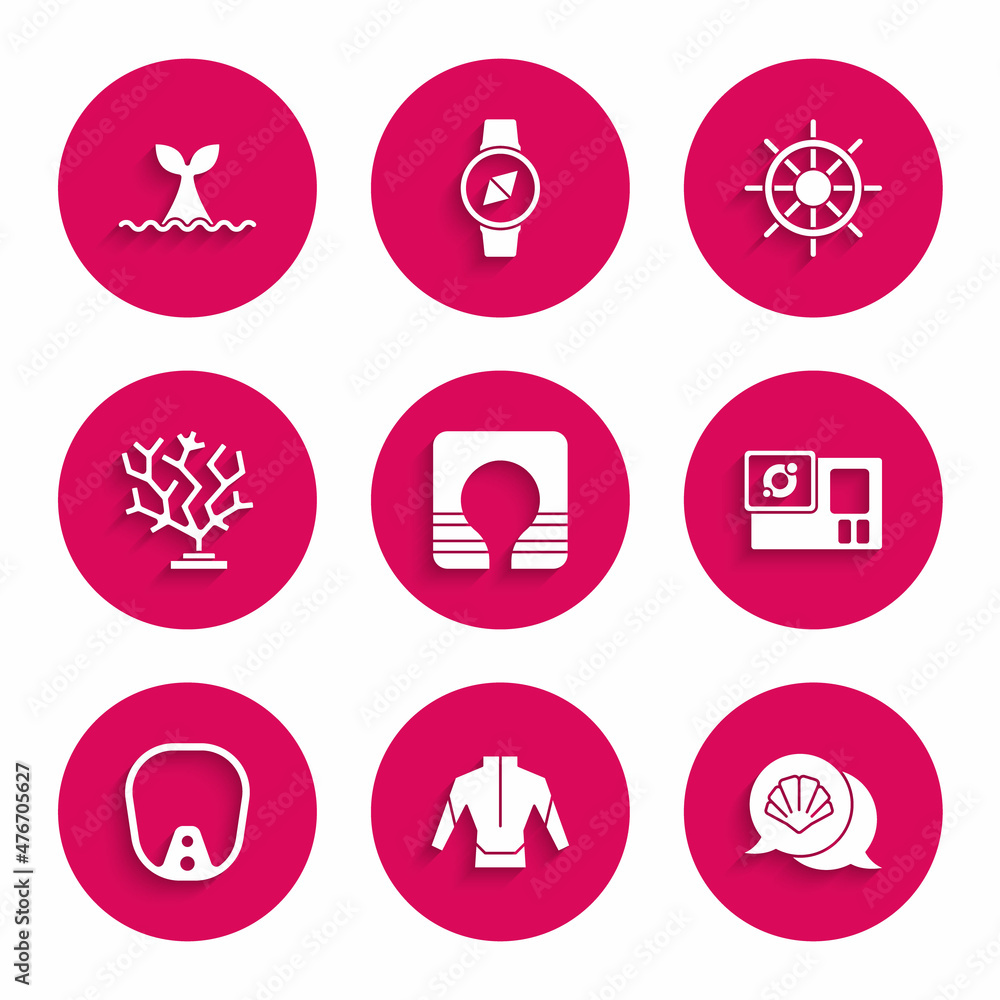 Set Life jacket, Wetsuit, Scallop sea shell, Action camera, Diving mask, Coral, Ship steering wheel and Whale tail ocean wave icon. Vector Set Life jacket, Wetsuit, Scallop sea shell, Action camera, Diving mask, Coral, Ship steering wheel and Whale tail ocean wave icon. Vector