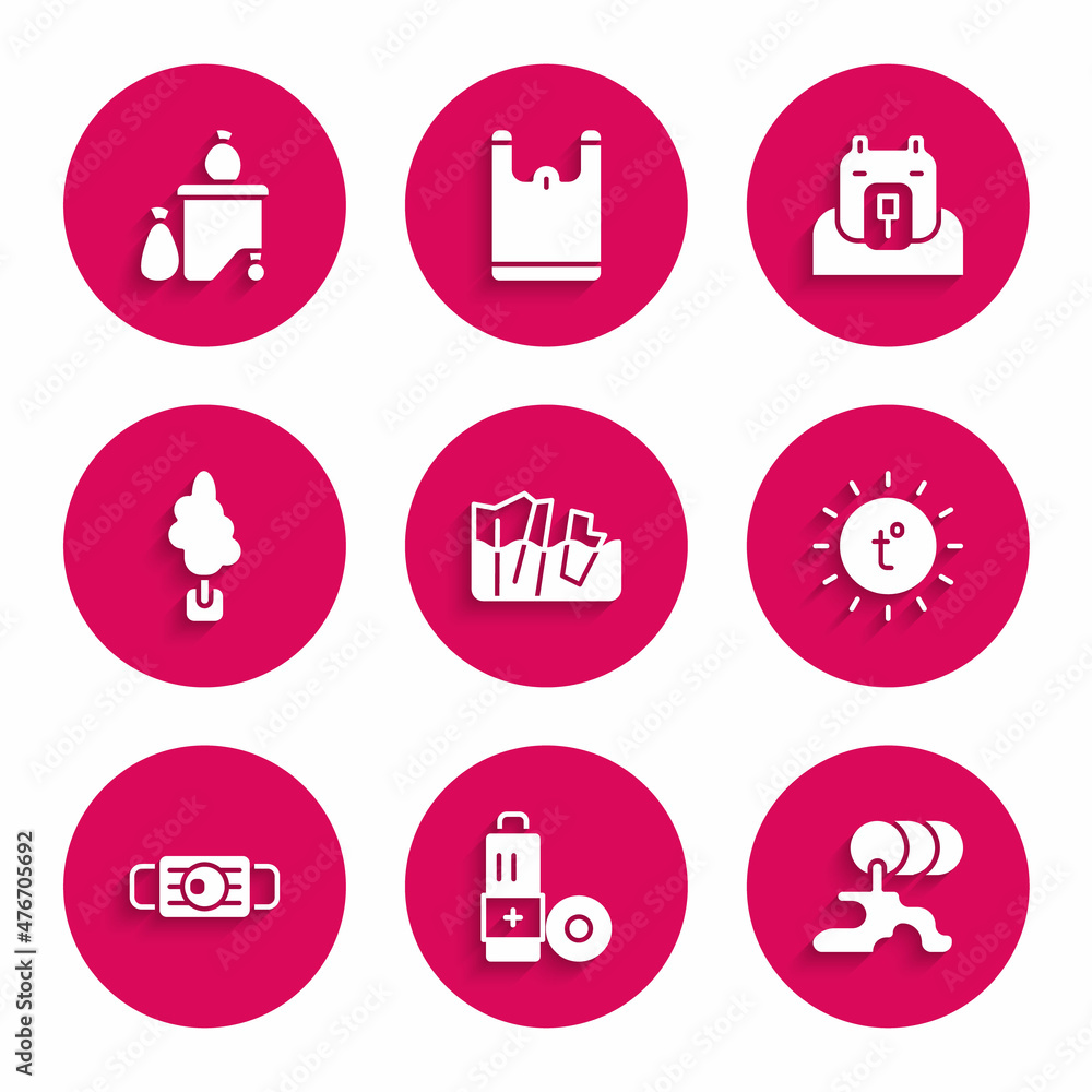 Set Glacier melting, Battery, Barrel oil leak, Sun, Medical protective mask, Tree, Polar bear head and Full dustbin icon. Vector Set Glacier melting, Battery, Barrel oil leak, Sun, Medical protective mask, Tree, Polar bear head and Full dustbin icon. Vector