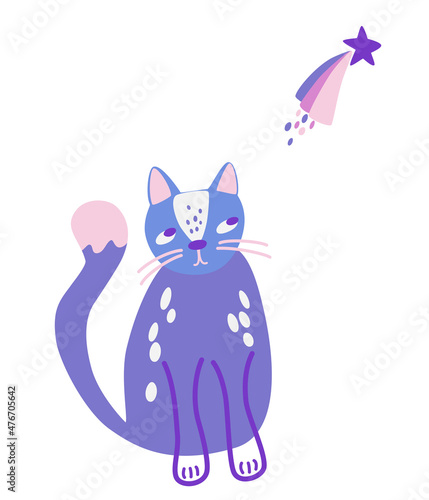 Cute cat looks at a star. Star comet. Cartoon animal character cat. Dreamy. Kawaii animal. Vector Illustration for babies, kids, greeting card, print, posters design.