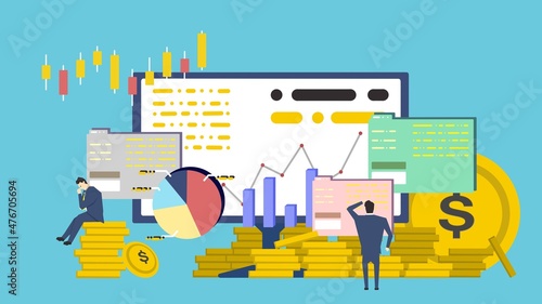 投資のためにチャートやグラフ、情報を確認するビジネスマン（青）　Businessmen checking charts, graphs and information for investment