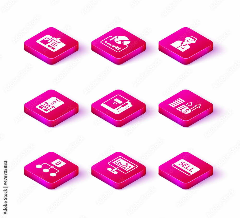 Set Blockchain technology Bitcoin, Computer with growth graph, Mobile stock trading, Office folders, Sell button, Financial and dollar, Trader and Stocks market graphs icon. Vector Set Blockchain technology Bitcoin, Computer with growth graph, Mobile stock trading, Office folders, Sell button, Financial and dollar, Trader and Stocks market graphs icon. Vector