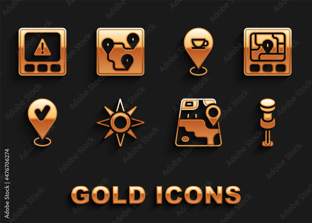 Set Wind rose, Gps device with map, Push pin, City navigation, Location check mark, coffee cup, error and Route location icon. Vector Set Wind rose, Gps device with map, Push pin, City navigation, Location check mark, coffee cup, error and Route location icon. Vector