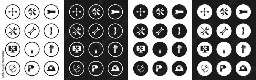 Set Hand saw, Wrench spanner, Screwdriver wrench, Wheel, Putty knife, Hammer, Calliper or caliper scale and Location with icon. Vector Set Hand saw, Wrench spanner, Screwdriver wrench, Wheel, Putty knife, Hammer, Calliper or caliper scale and Location with icon. Vector