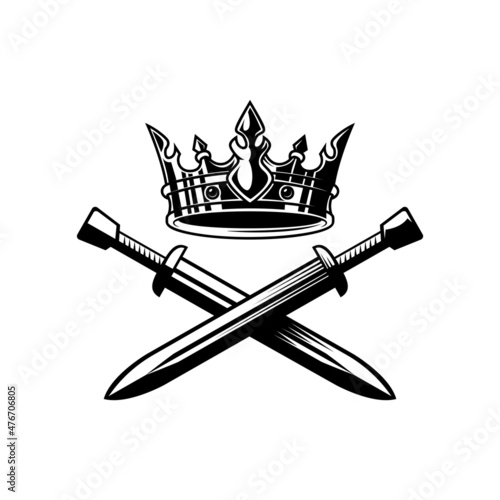 Illustration of king crown and crossed swords in monochrome style. Design element for logo, emblem, sign, poster, t shirt. Vector illustration