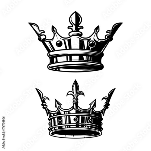 Illustration of king crown in monochrome style. Design element for logo, emblem, sign, poster, t shirt. Vector illustration