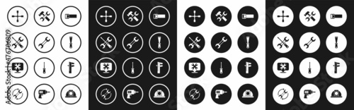 Set Hand saw, Wrench spanner, Screwdriver wrench, Wheel, Putty knife, Hammer, Calliper or caliper scale and Location with icon. Vector