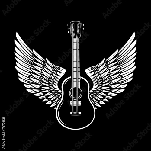 Illustration of winged rock guitar. Design element for logo, label, sign. Vector illustration
