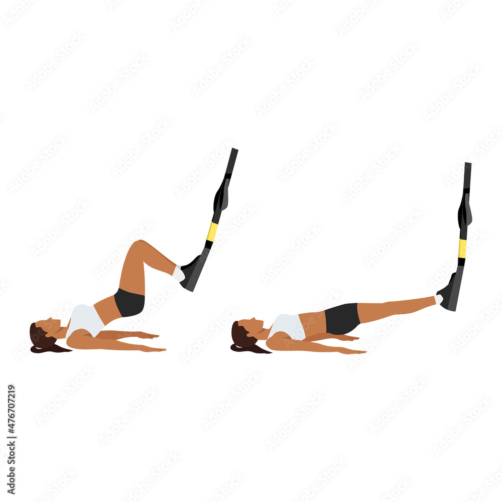 Woman doing TRX Suspension straps glute bridge exercise. Flat vector