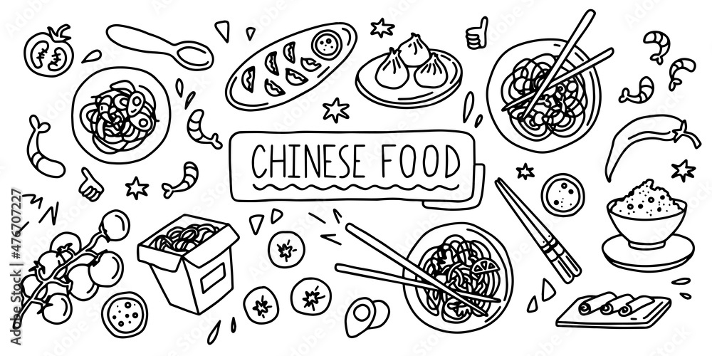 Chinese food. Simple doodle outline style. Raster stock black and white illustration.