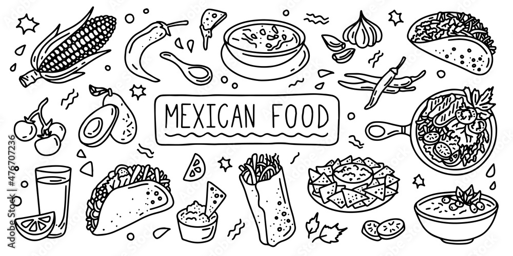 Mexican cuisine, food. Simple line doodle outline style. black and white illustration.