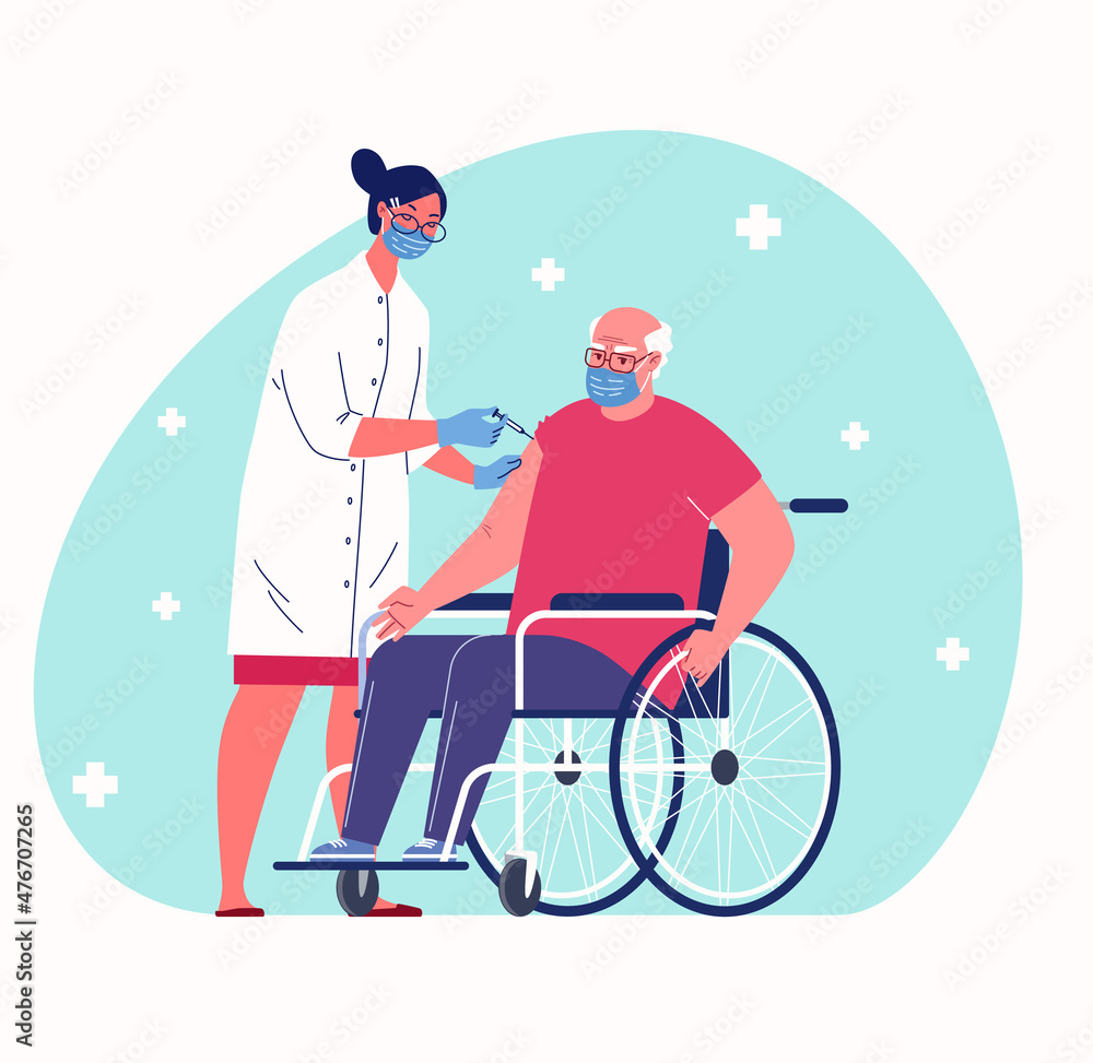 Vaccination against influenza and coronavirus. Nurse injects vaccine into arm of elderly patient in wheelchair. Vector cartoon style illustration with people characters. Vaccination against influenza and coronavirus. Nurse injects vaccine into arm of elderly patient in wheelchair. Vector cartoon style illustration with people characters.