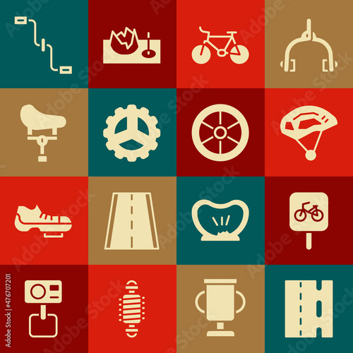 Set Bicycle lane, parking, helmet, sprocket crank, seat, pedals and wheel icon. Vector