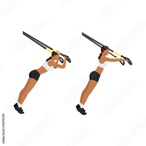 Woman doing TRX Suspension straps triceps extensions flat vector illustration isolated on white background